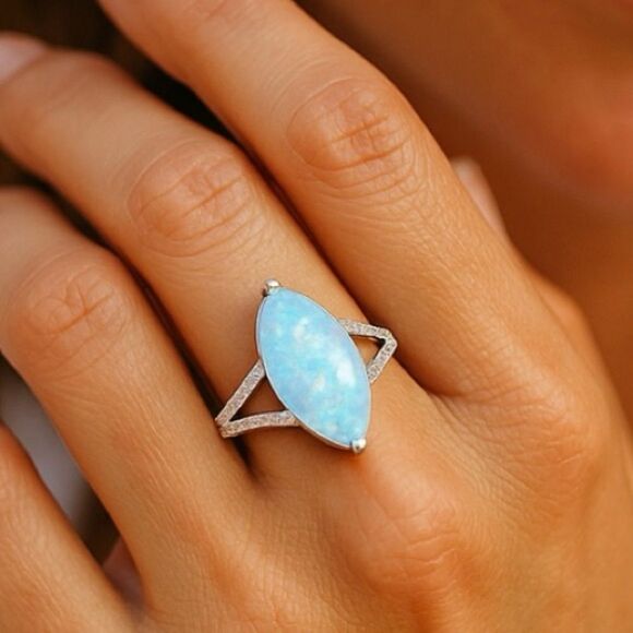 New Sterling Silver Marquise White Lab Opal Ring - Picture 5 of 5